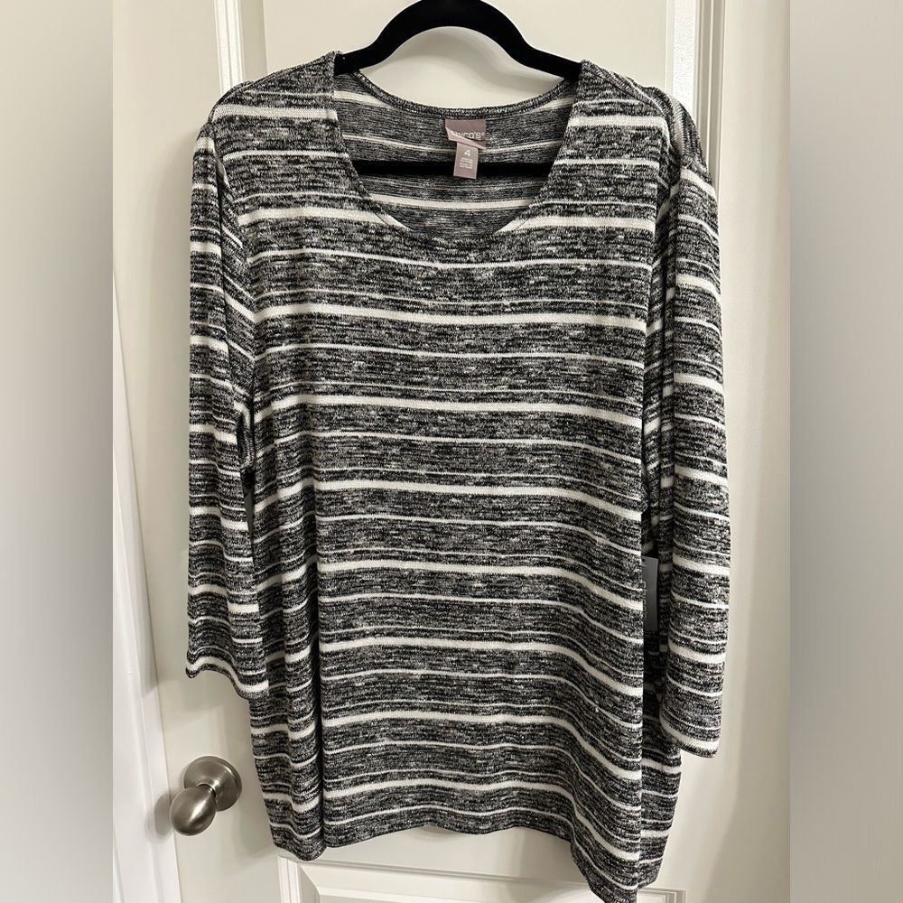 Chico’s Glitzy Space-dye Scoop Neck Tee SZ 4 Pullover 3/4 Sleeves Color Black